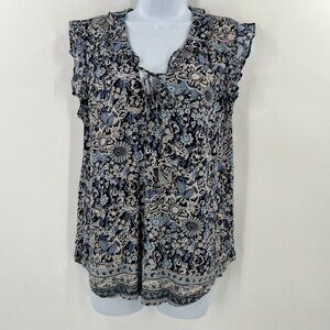 Lucky Brand M Blue‎ Floral Boho Top Ruffle Flutter Sleeve Tie Neck